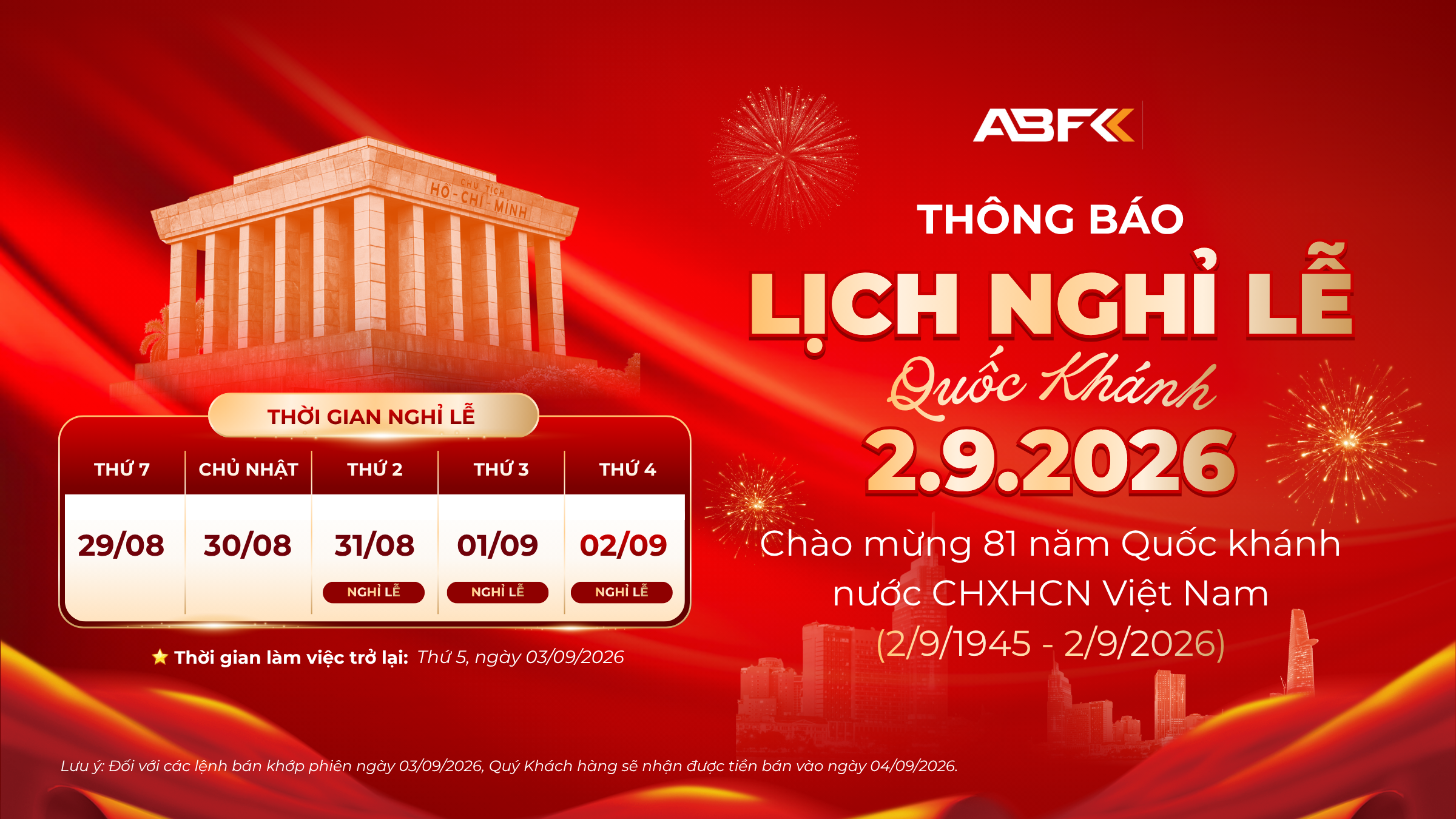 THÔNG BÁO LỊCH HOẠT ĐỘNG DỊP QUỐC KHÁNH 02/09/2026